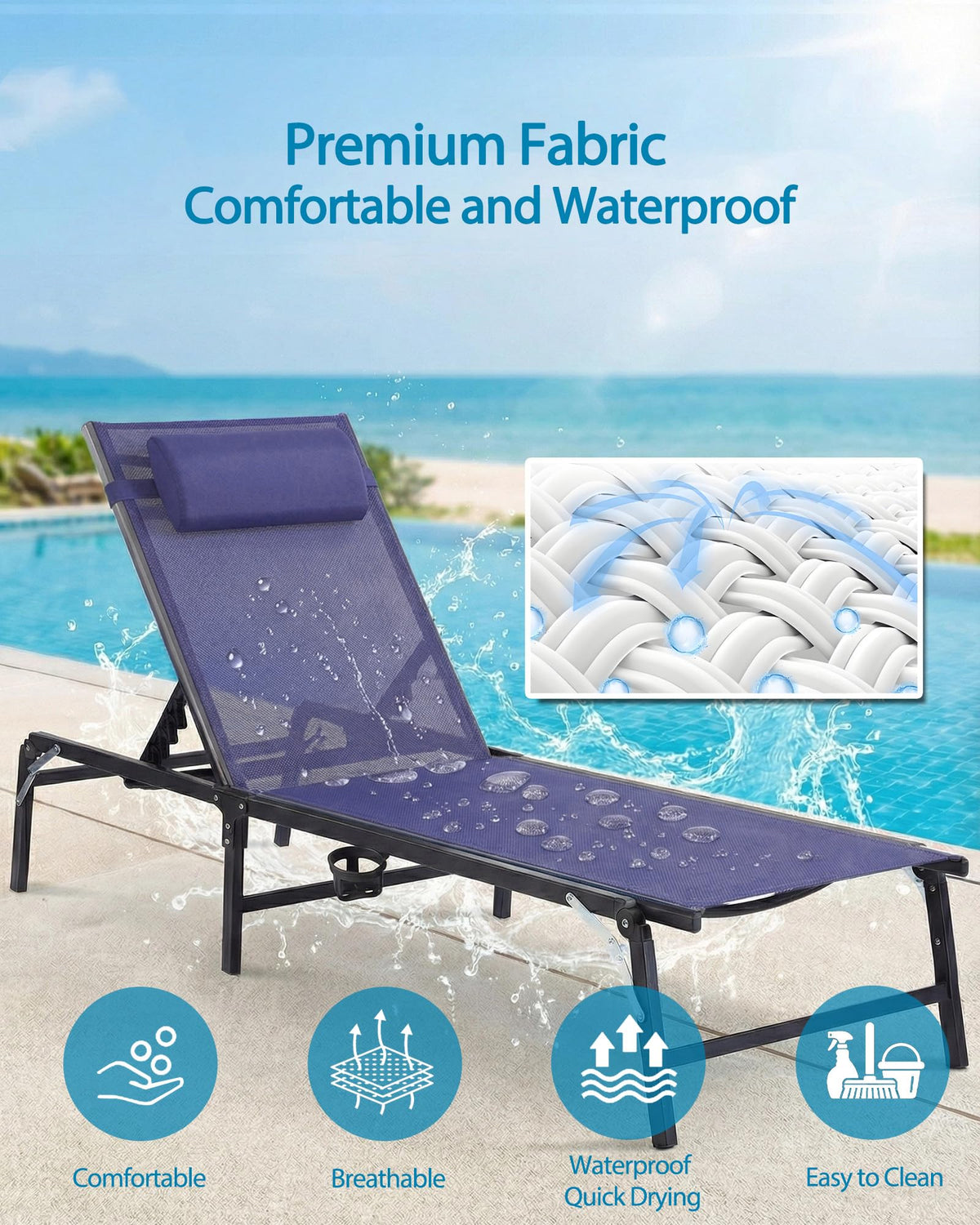 2 Pack Blue Foldable Chaise Lounge Chair with Cup Holder and Pillow B519