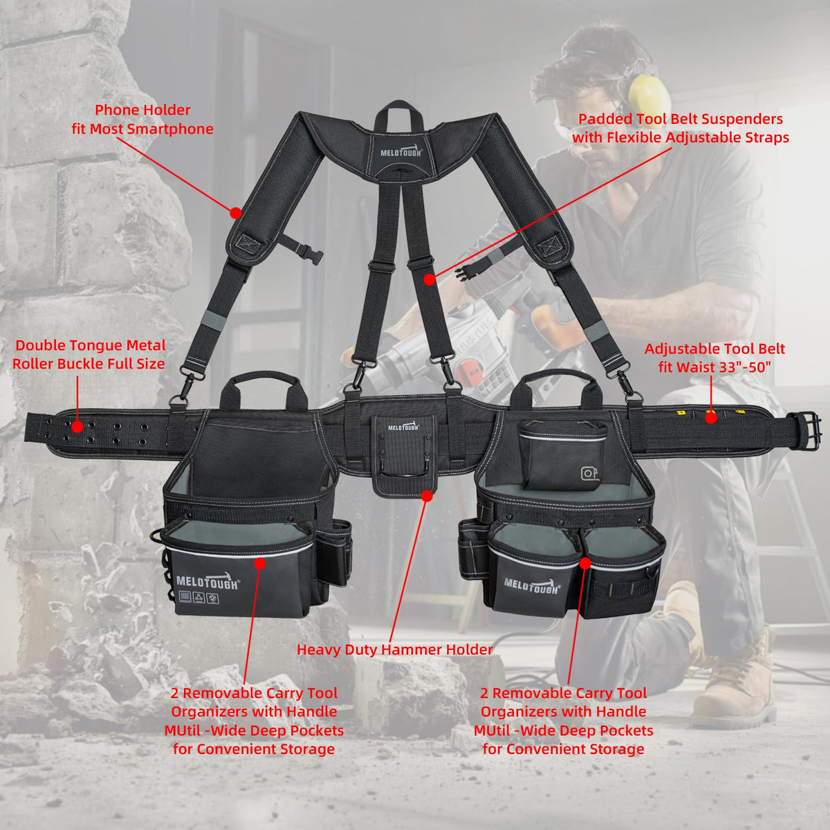 Tool Belt with Suspenders 32 Pockets 34"-48" Waist S206