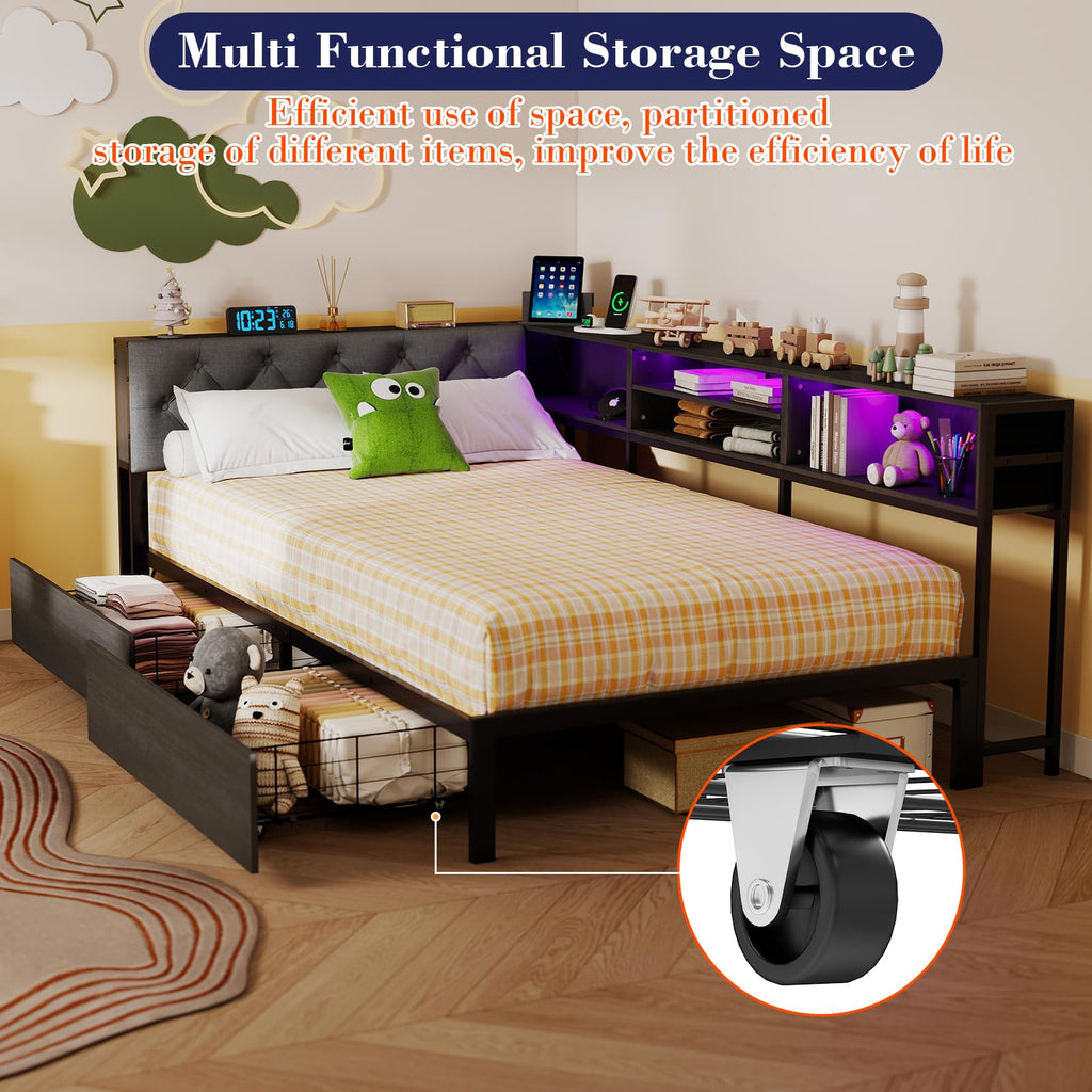 Gray Twin Corner Bed Frame with Storage Bookcase and Headboard G334613