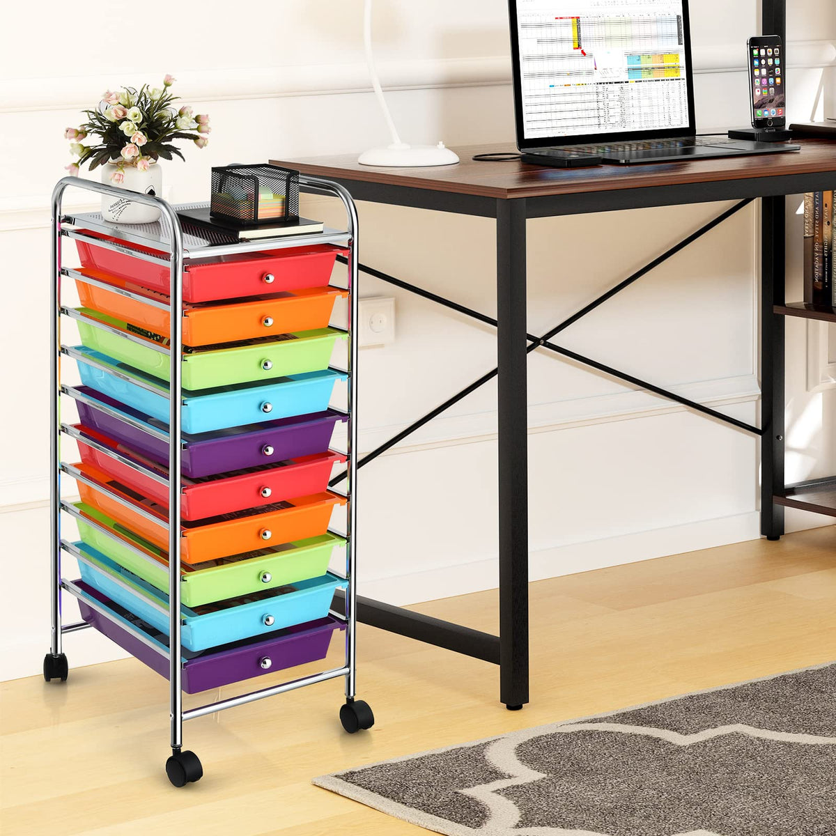 10-Tier Rolling Storage Cart with Drawers L830