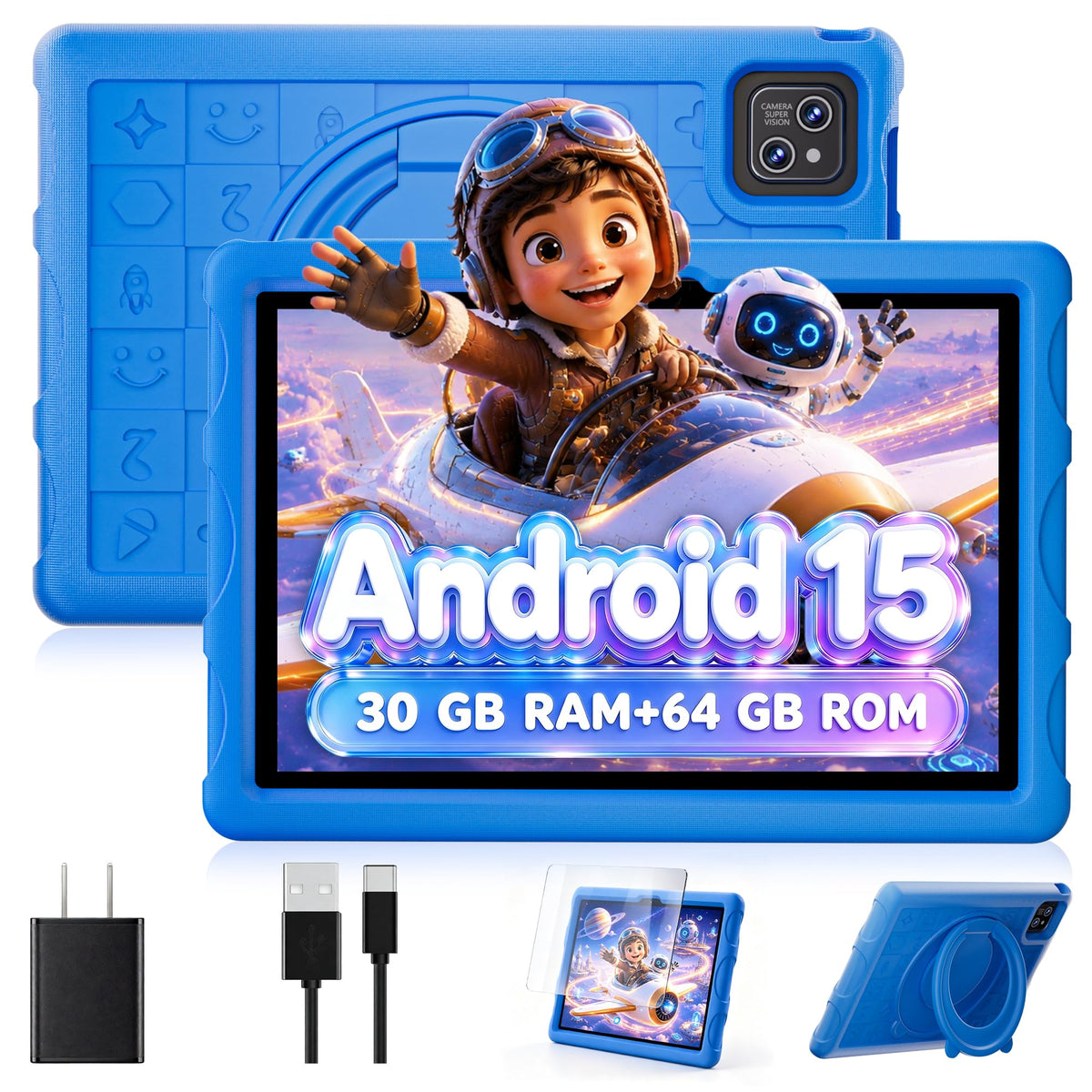 10.1 inch Android 15 Tablet with Drop-proof Case Blue E441993