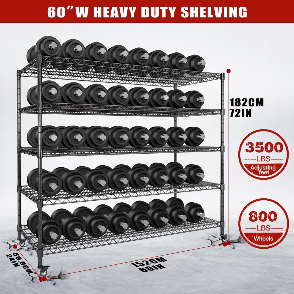 60”W 5 Tier Heavy Duty Metal Wire Shelving with Wheels X355