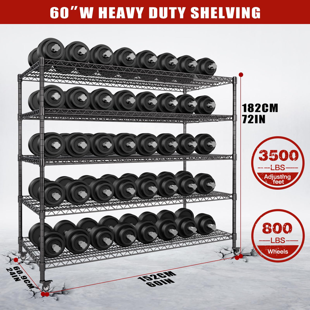 60”W 5 Tier Heavy Duty Metal Wire Shelving with Wheels X355