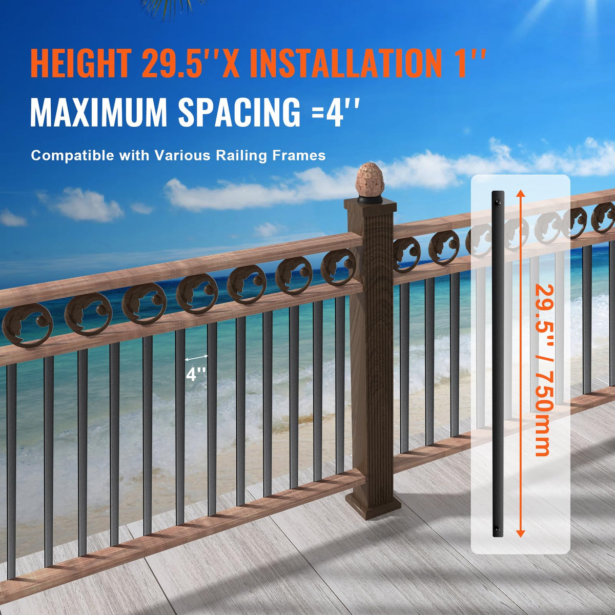29.5"x1" Flat Aluminum Alloy 51 Pack Satin Black Metal Balusters S6369