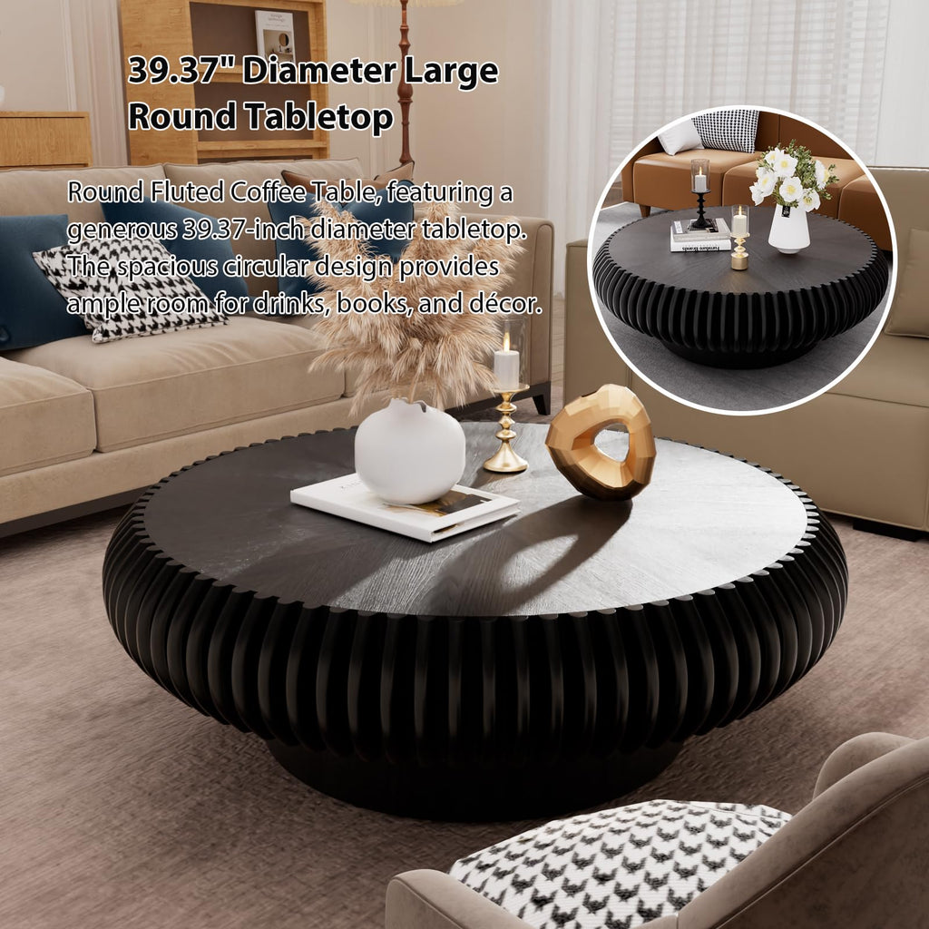 Black Round Fluted Drum Coffee Table P7924