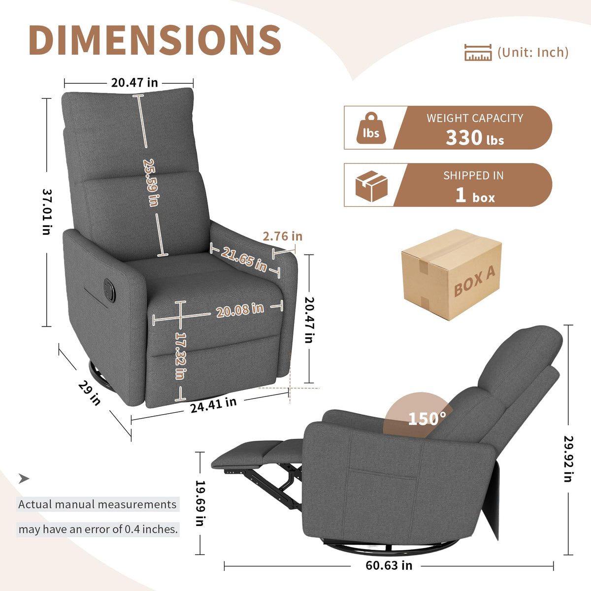 Light Brown Velvet Swivel Rocker Recliner Chair V9658