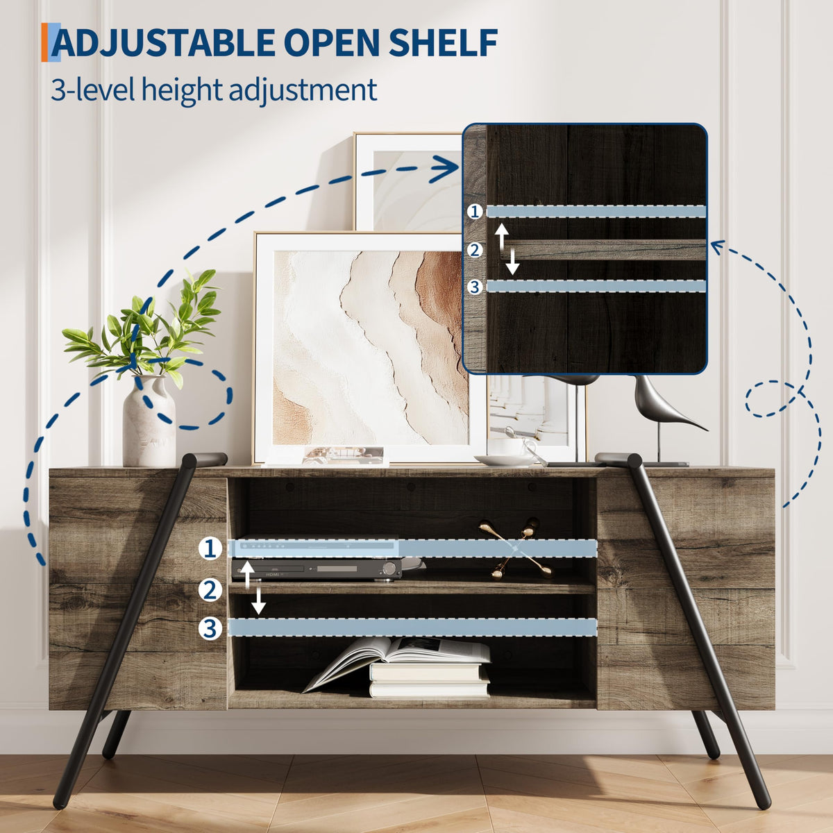 47 Inch TV Stand with Slanted Metal Legs and Adjustable Open Shelf A615