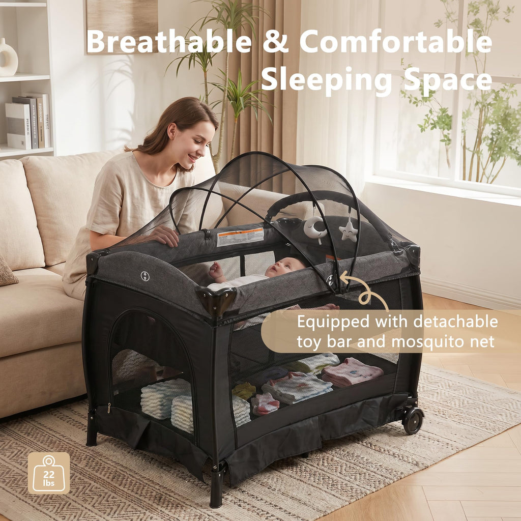 Portable Pack and Play Baby Playard with Bassinet Light Grey X860566