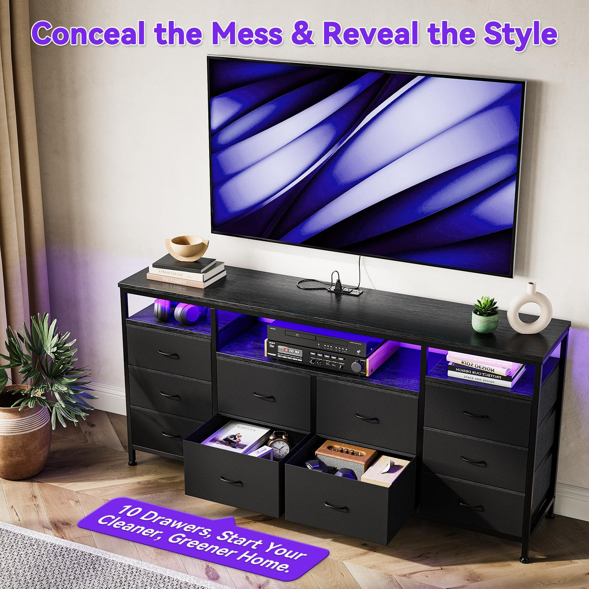 10 Drawer Dresser TV Stand with LED Lights and Power Outlets X937