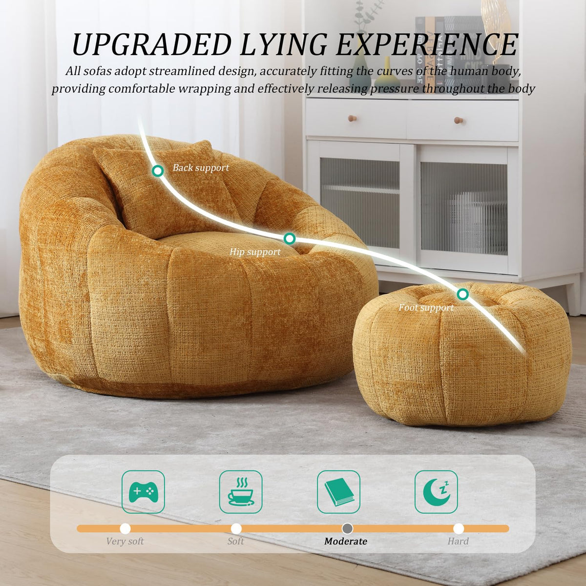 Yellow Chenille Memory Foam Bean Bag Chair with Ottoman W1160