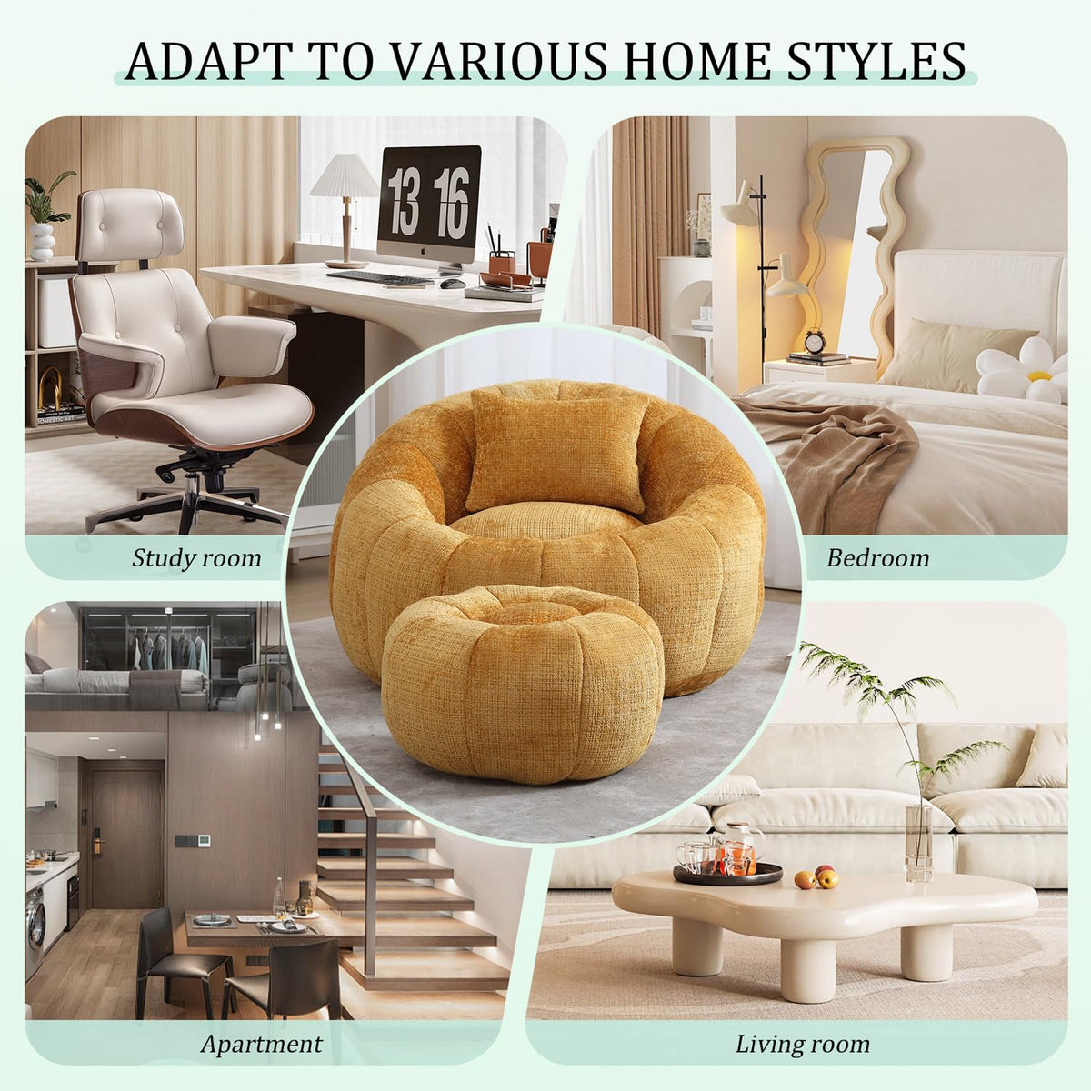 Yellow Chenille Memory Foam Bean Bag Chair with Ottoman W1160