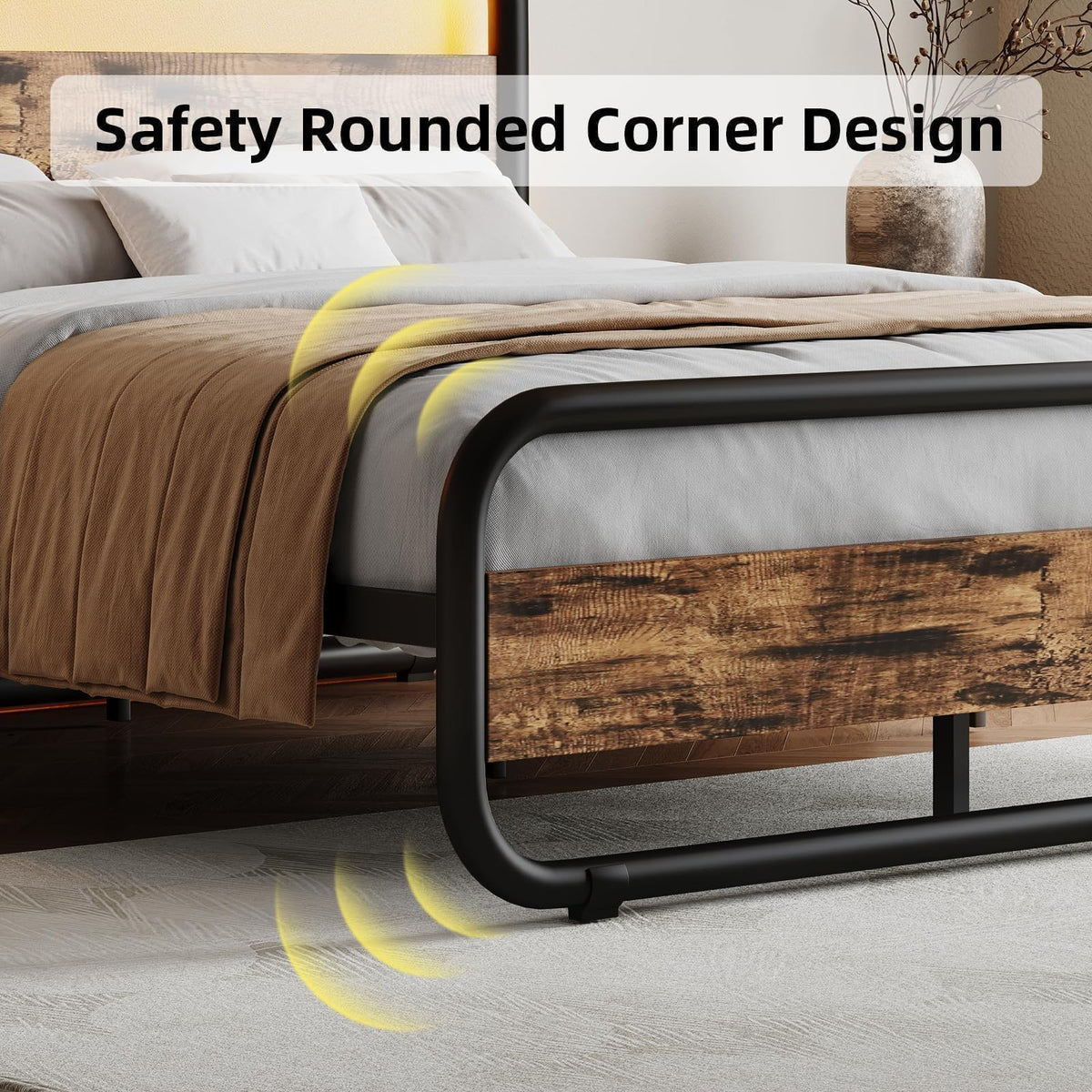 Brown Metal Platform Twin Bed Frame with Wood Headboard J84149