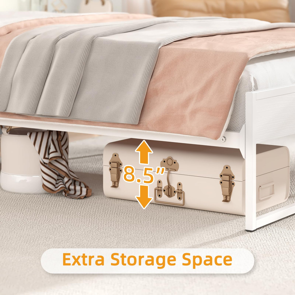 White Metal Twin Bed Frame with 2-Tier Storage Headboard L945506