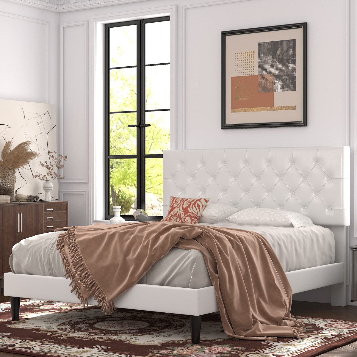 Queen Size Platform Bed Frame with Faux Leather Headboard Z912561