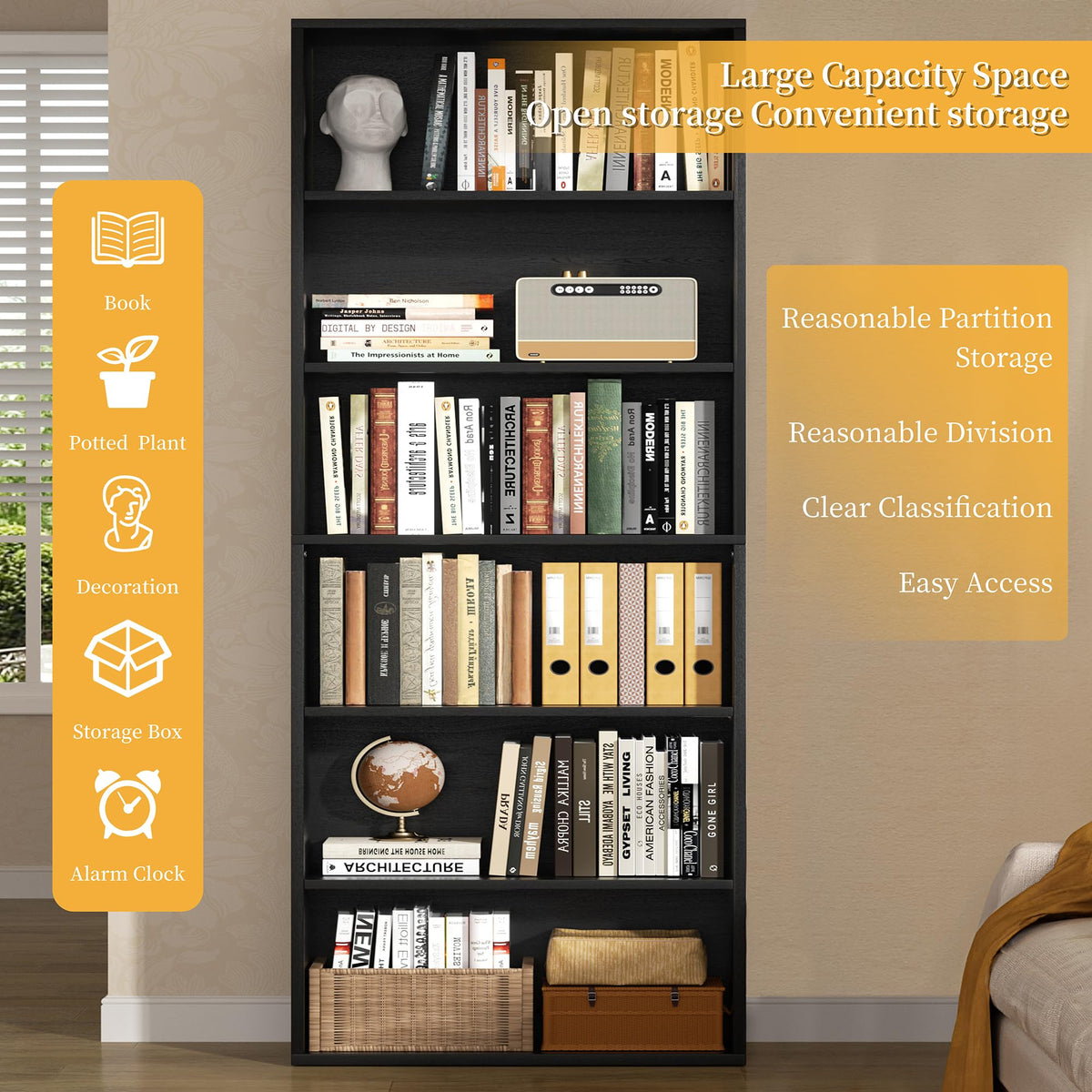 6-Tier Black Bookshelf O393413