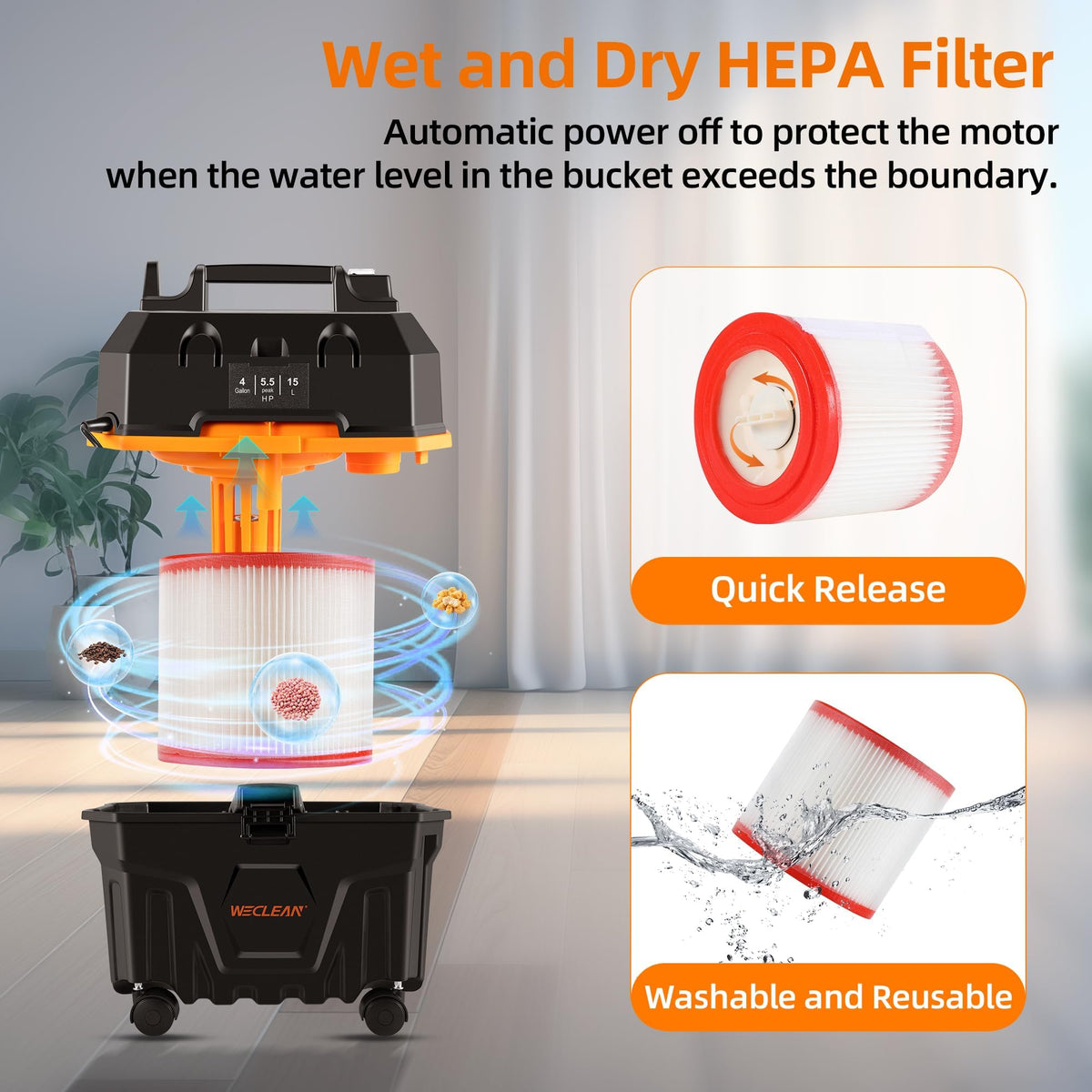 4 Gallon 5.5 Peak HP Wet Dry Vacuum Cleaner with Blower Function S412395