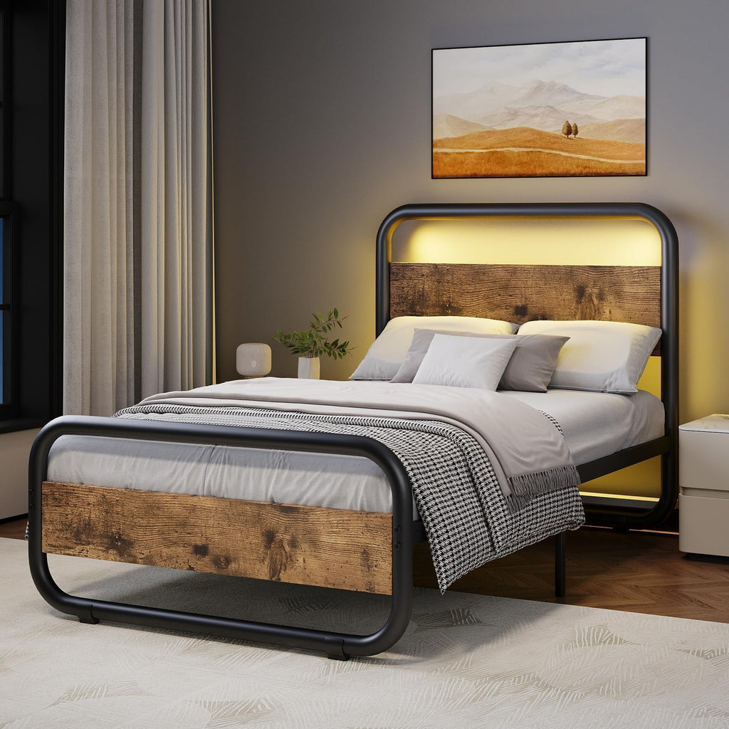 Brown Metal Platform Twin Bed Frame with Wood Headboard J84149