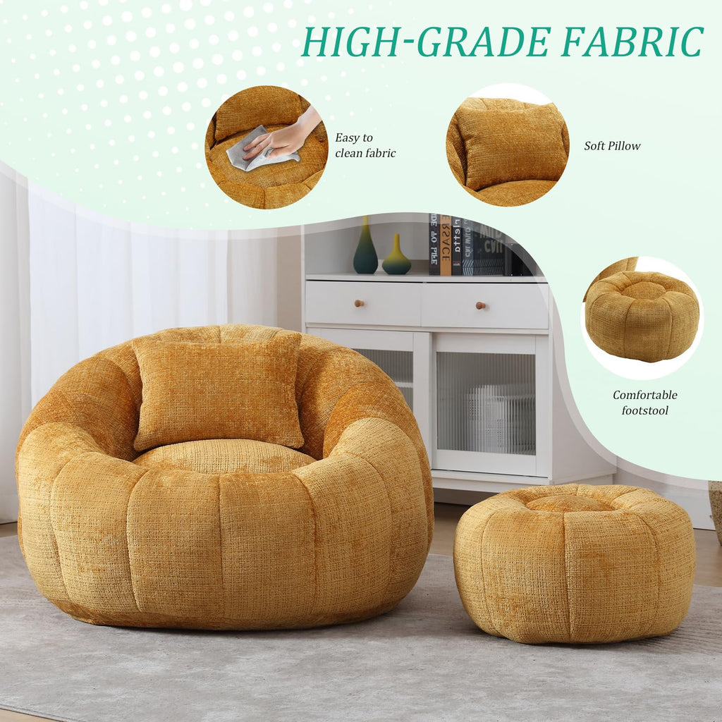 Yellow Chenille Memory Foam Bean Bag Chair with Ottoman W1160