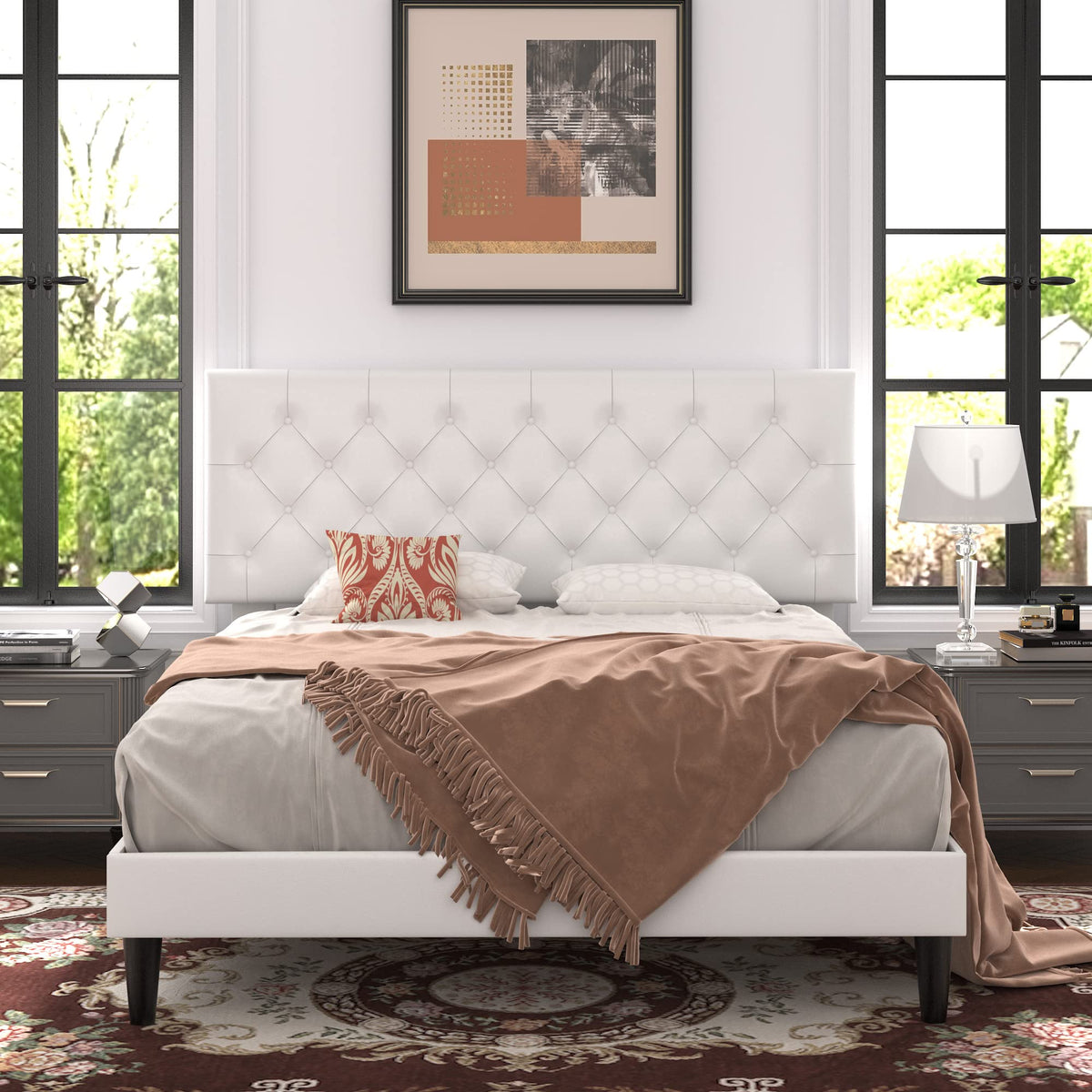 Queen Size Platform Bed Frame with Faux Leather Headboard Z912561