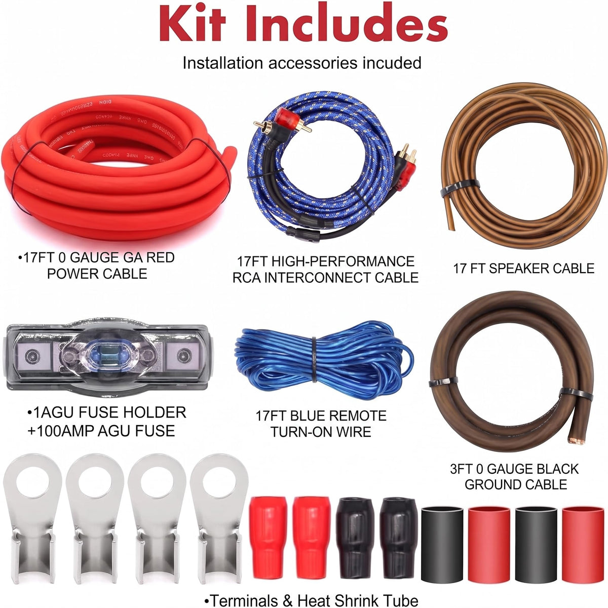 0 Gauge 3000W Amp Wiring Kit with 100A AGU Fuse B744