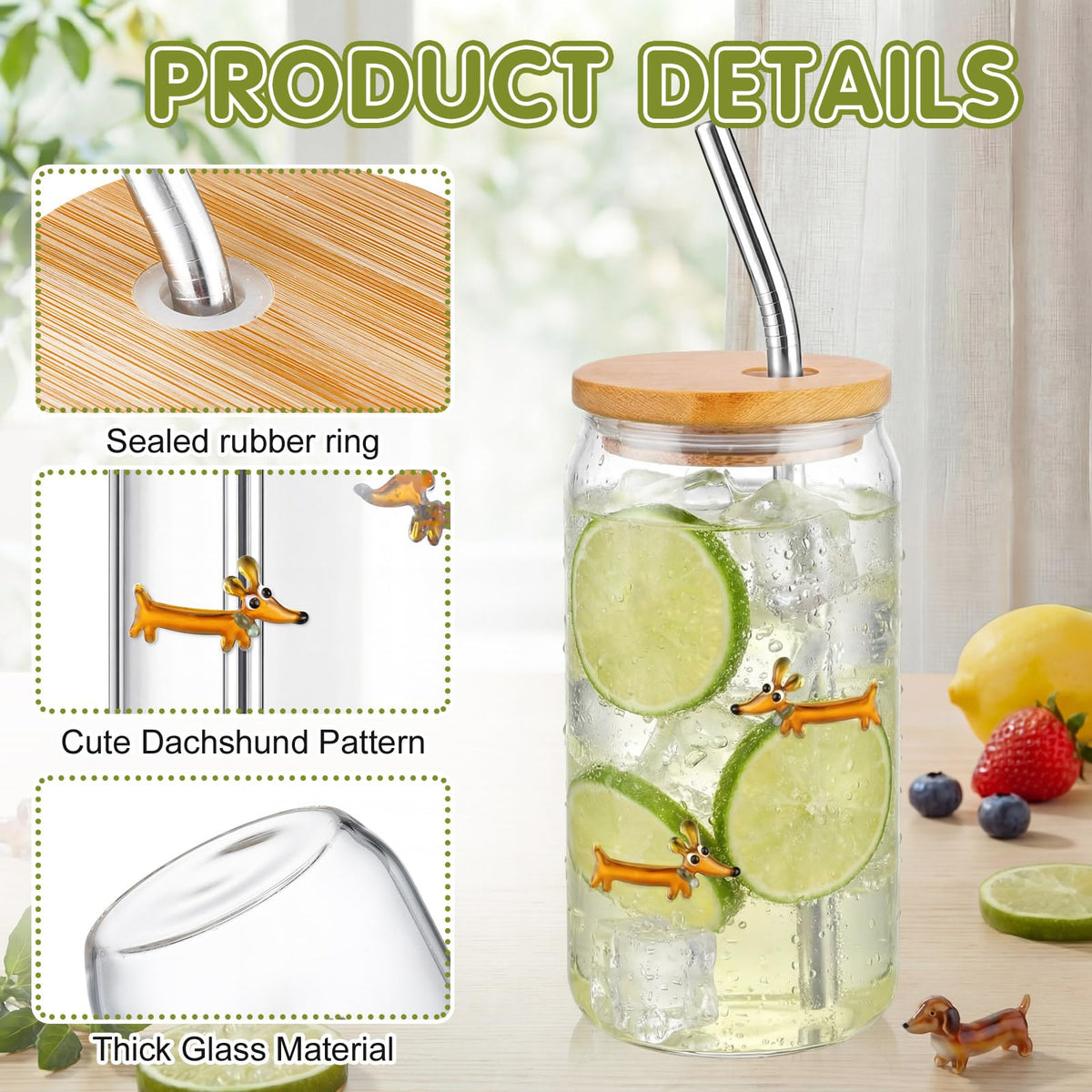 22 oz Dachshund Glass Cup with Lid Straw X310232