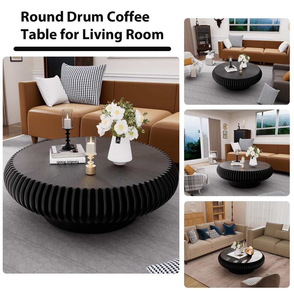 Black Round Fluted Drum Coffee Table P7924