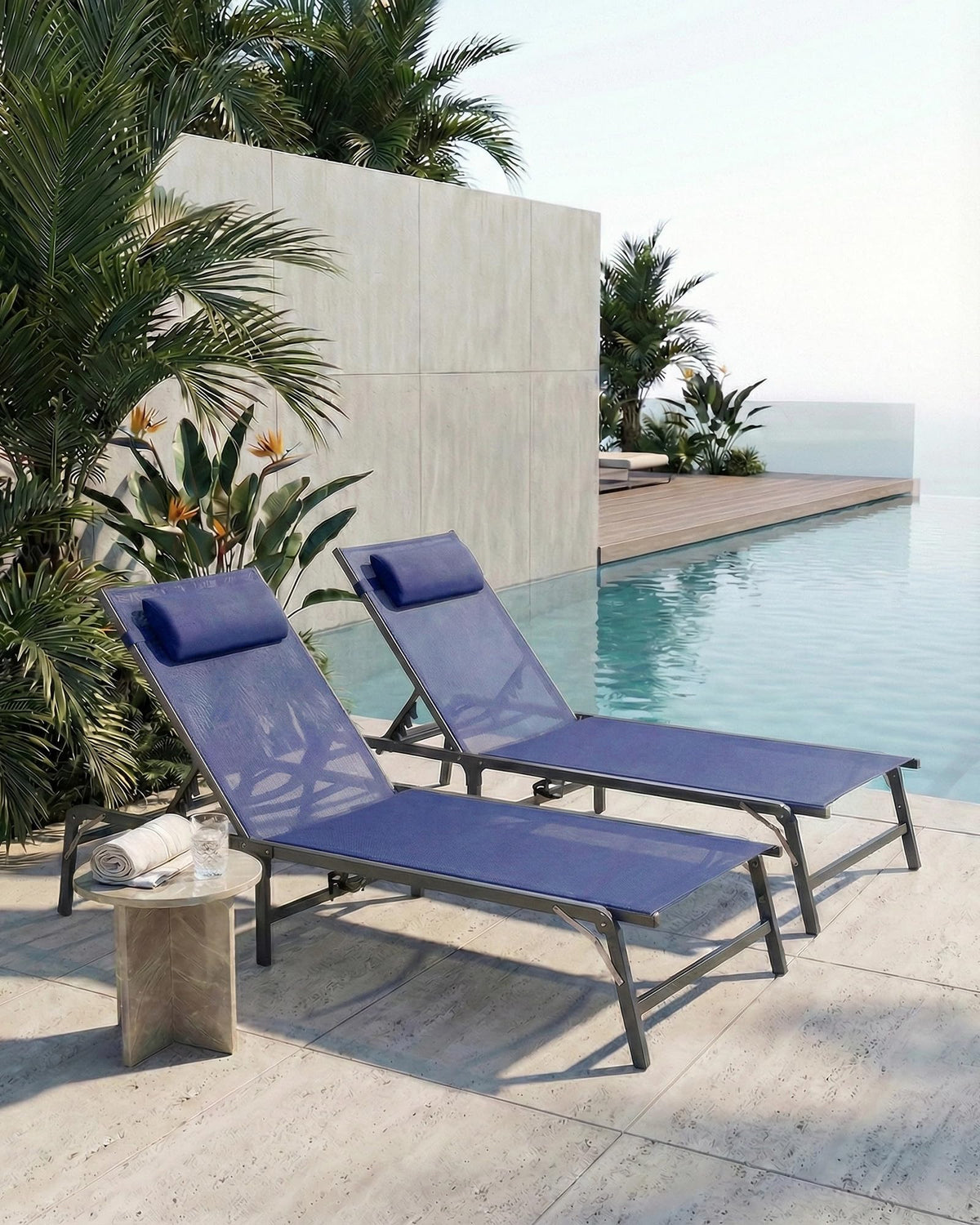 2 Pack Blue Foldable Chaise Lounge Chair with Cup Holder and Pillow B519