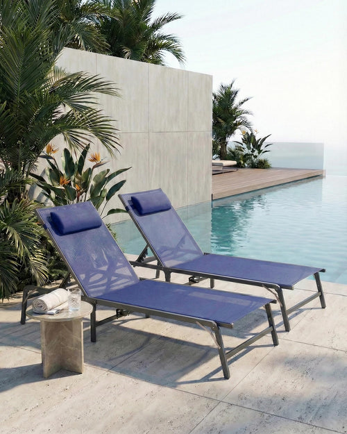 2 Pack Blue Foldable Chaise Lounge Chair with Cup Holder and Pillow B519