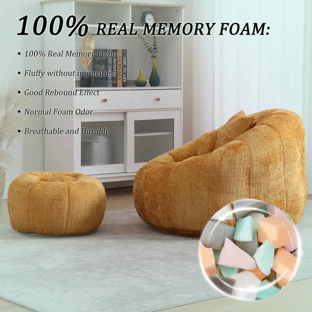 Yellow Chenille Memory Foam Bean Bag Chair with Ottoman W1160