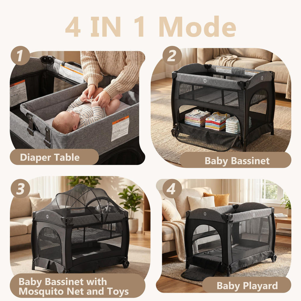 Portable Pack and Play Baby Playard with Bassinet Light Grey X860566