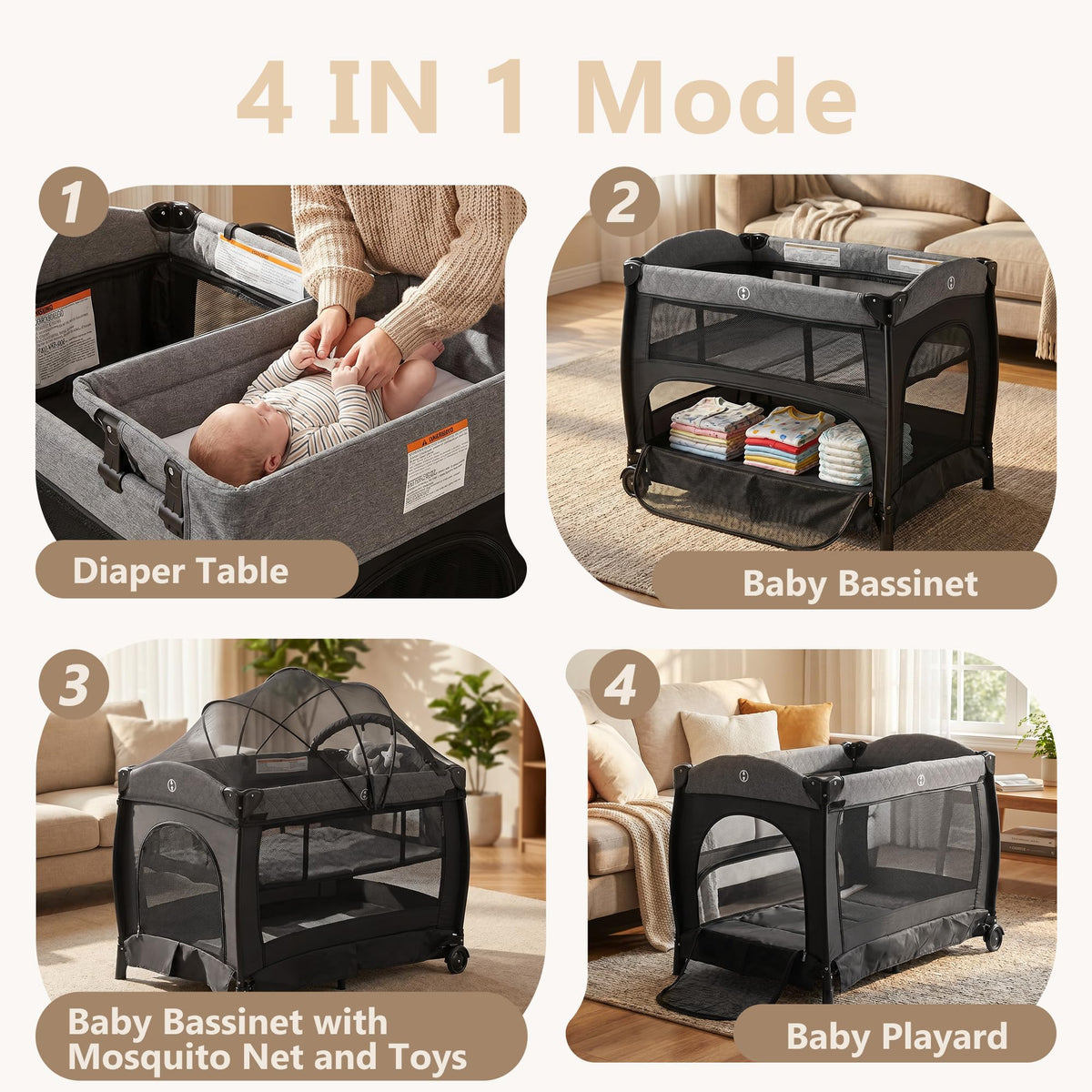 Portable Pack and Play Baby Playard with Bassinet Light Grey X860566