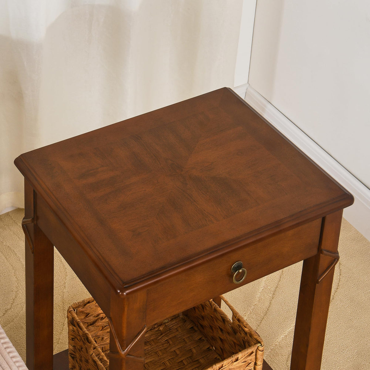 Small Solid Wood Side End Table with Drawer and Storage Shelf S3702
