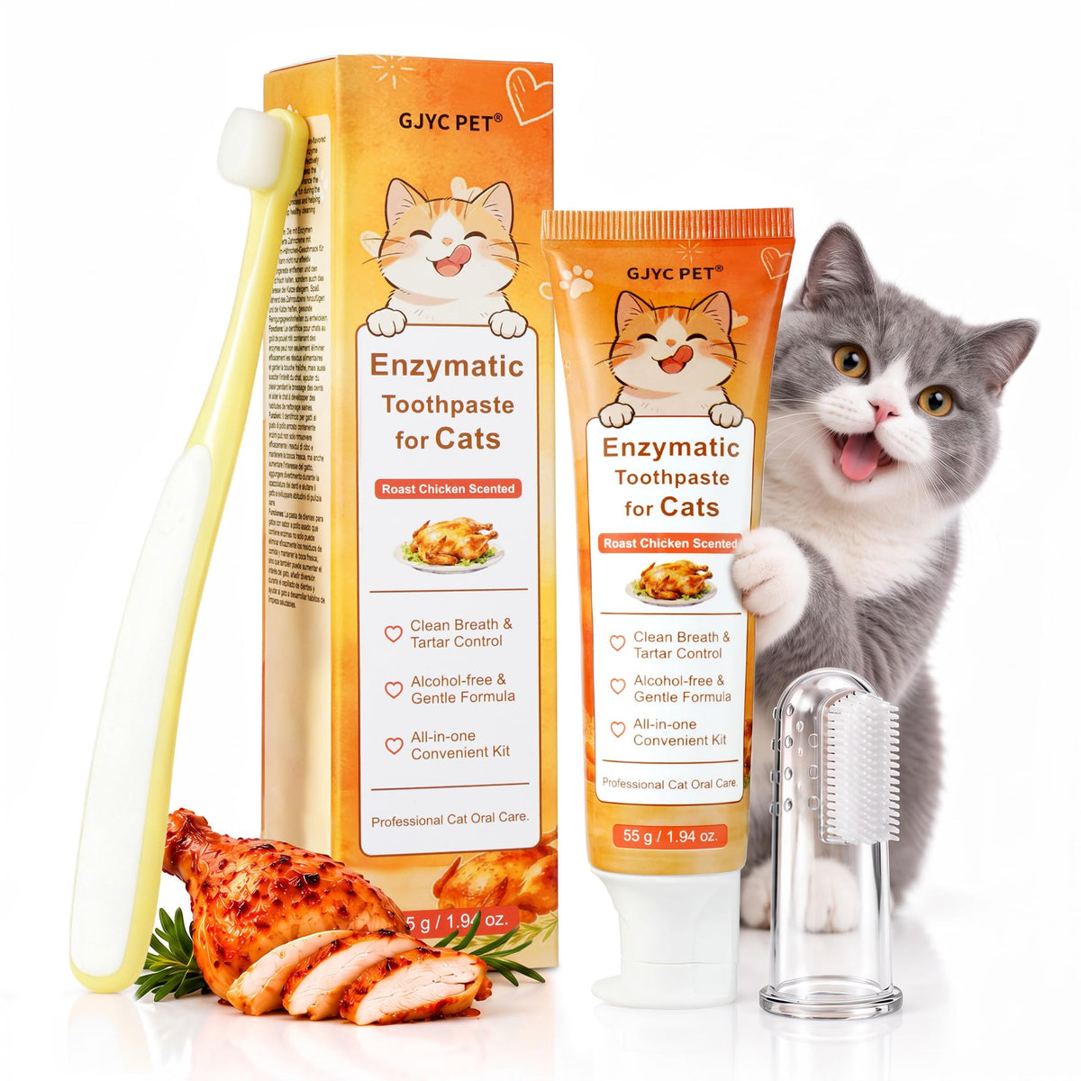 55g Roasted Chicken Enzymatic Cat Tooth Brushing Kit with Soft Bristles Toothbrush & Finger Brush P13569