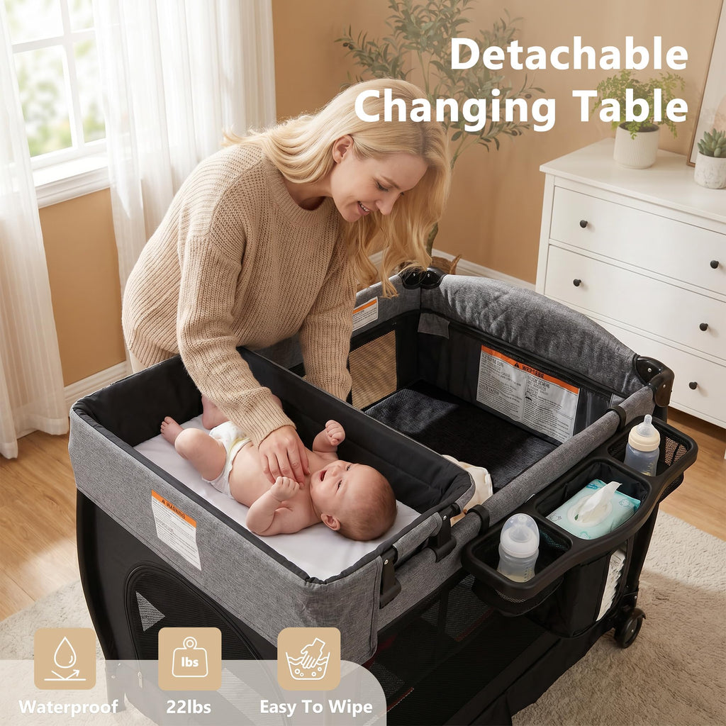 Portable Pack and Play Baby Playard with Bassinet Light Grey X860566