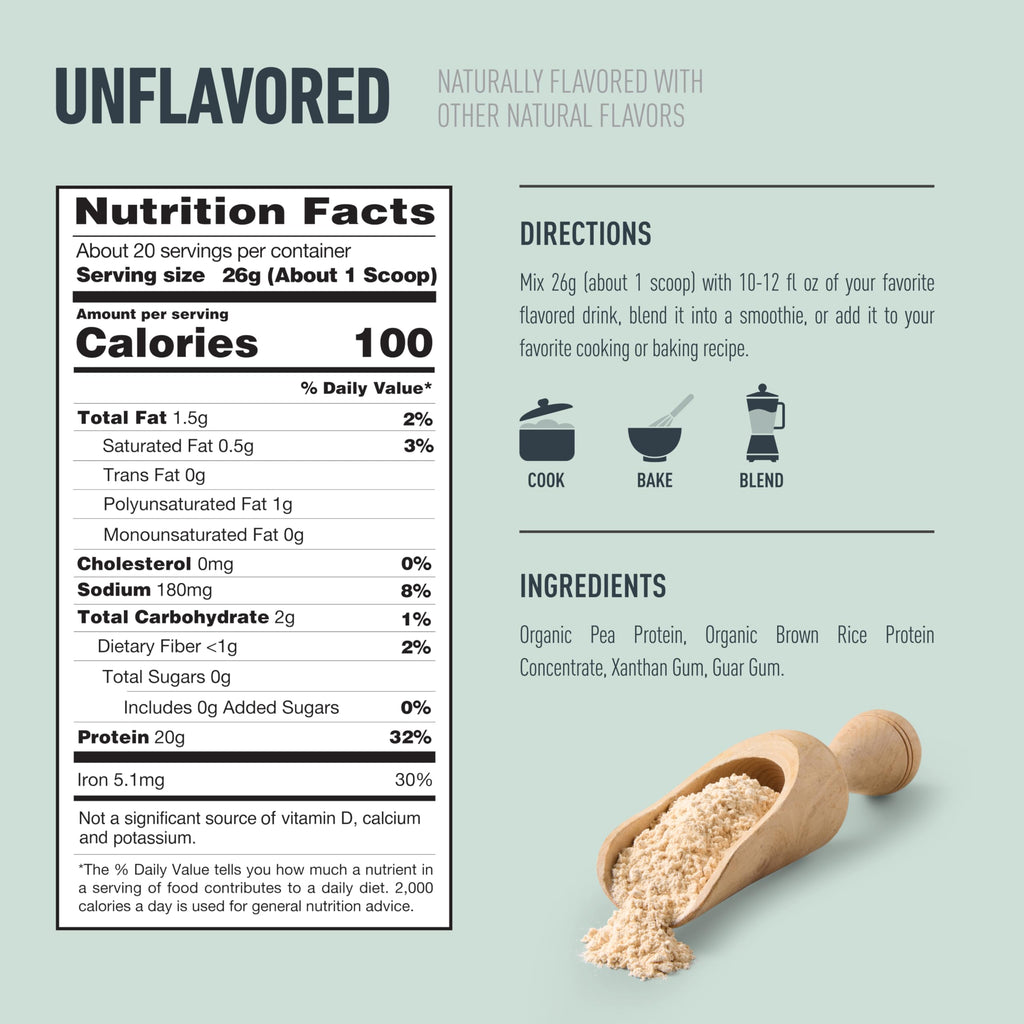 Plant-Based Protein Powder 20g Pea and Rice Protein Unflavored 20 Servings I266