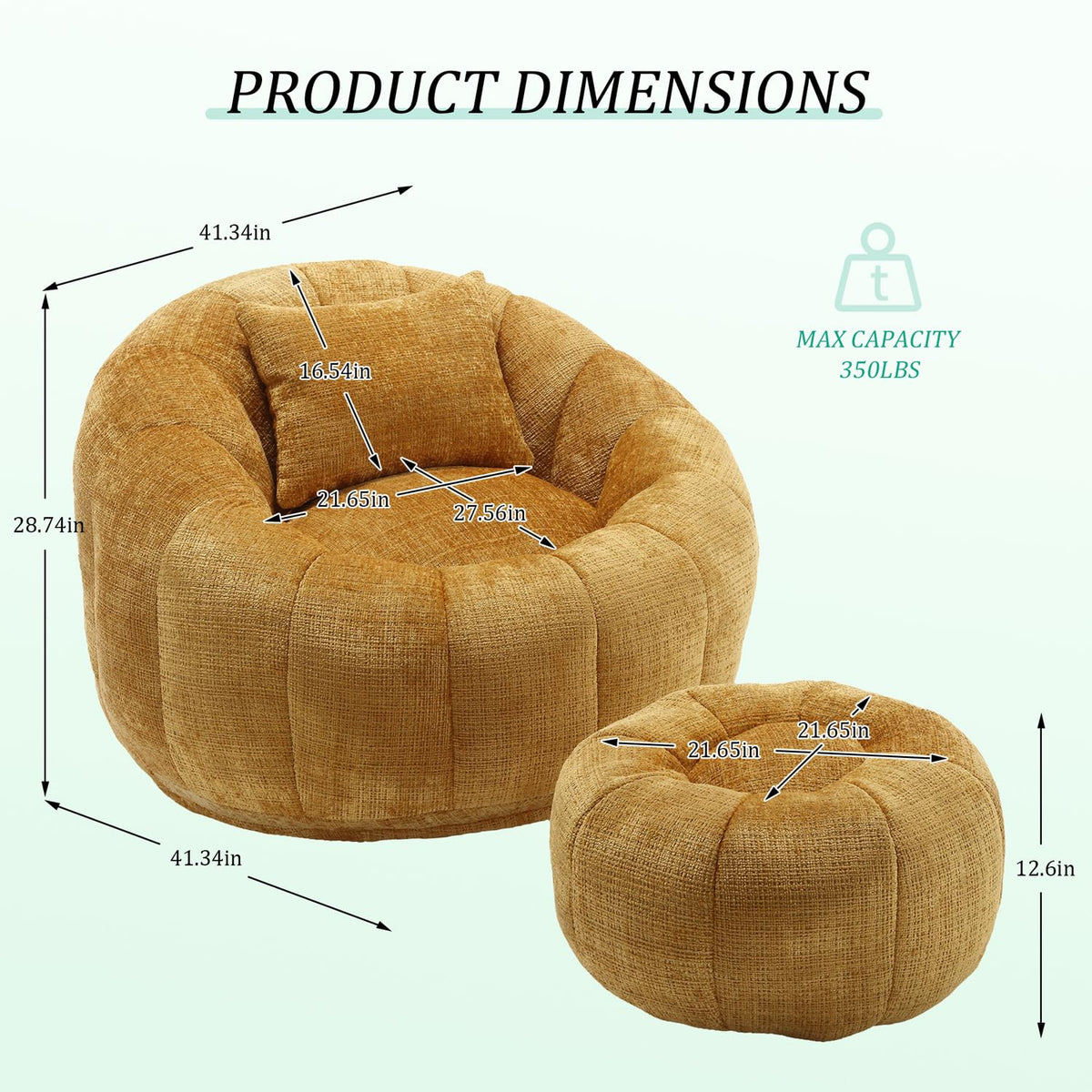 Yellow Chenille Memory Foam Bean Bag Chair with Ottoman W1160