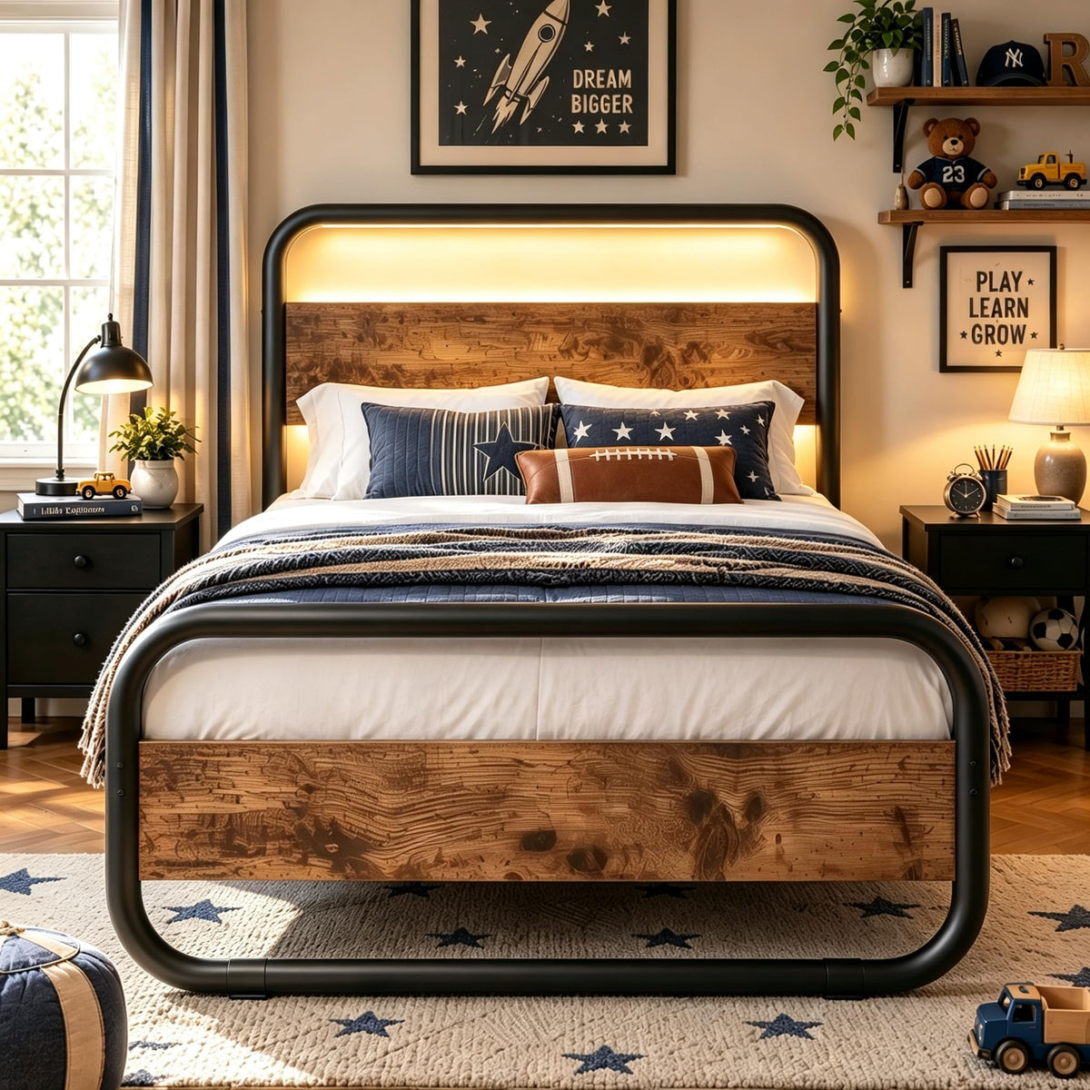 Brown Metal Platform Twin Bed Frame with Wood Headboard J84149