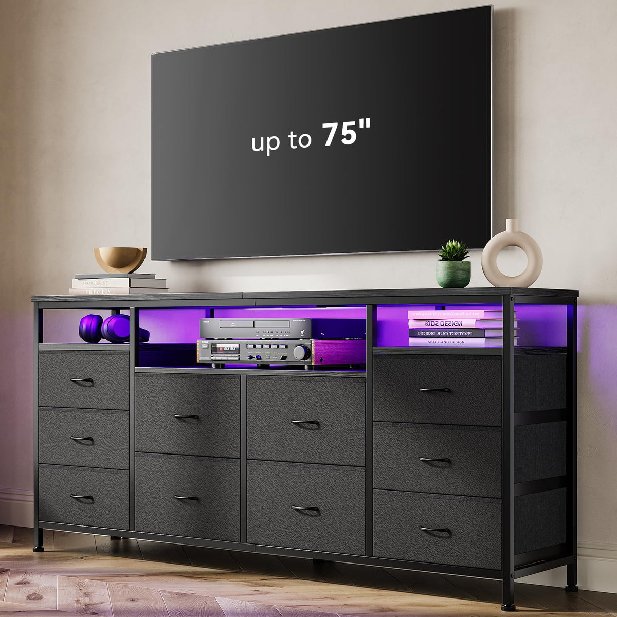 10 Drawer Dresser TV Stand with LED Lights and Power Outlets X937