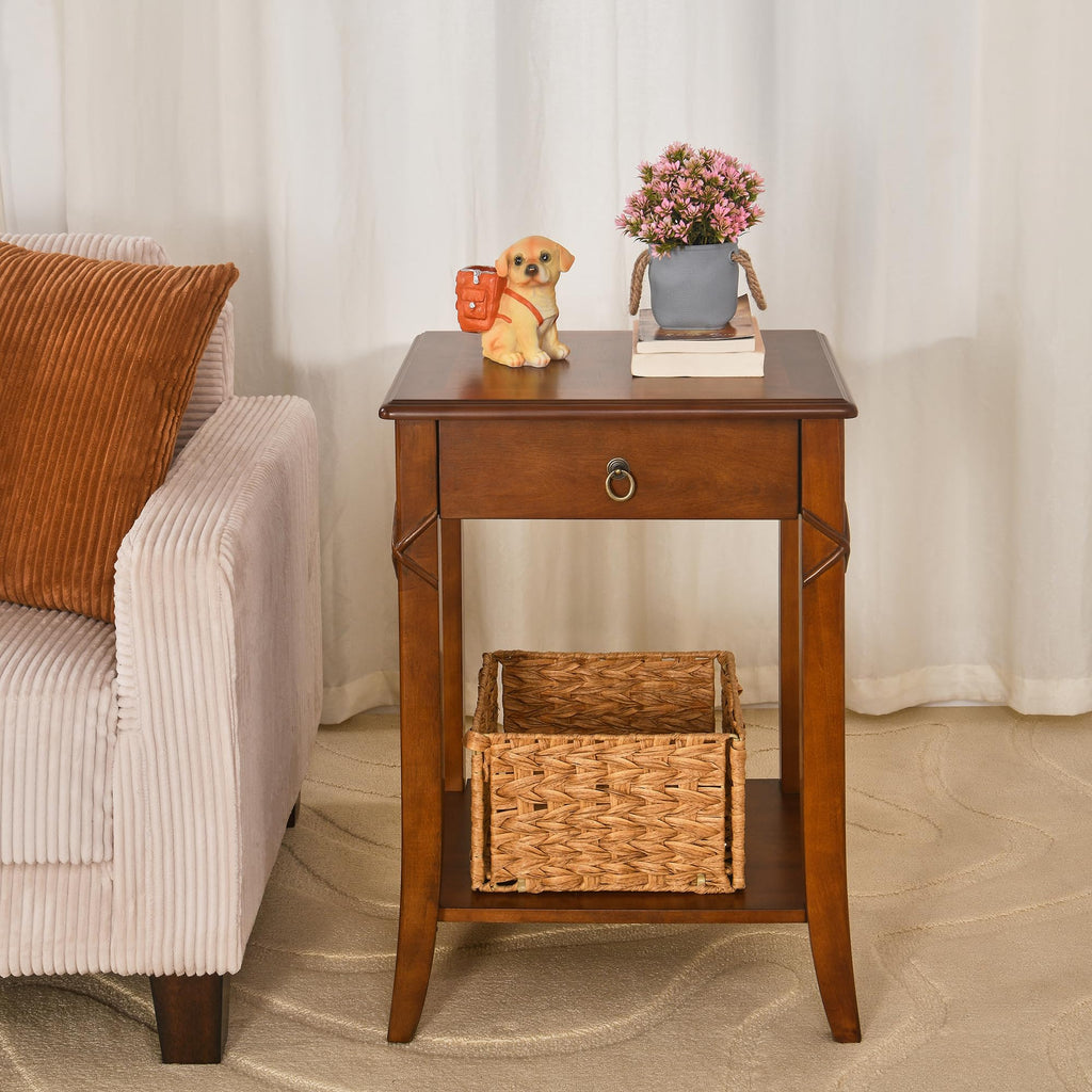 Small Solid Wood Side End Table with Drawer and Storage Shelf S3702