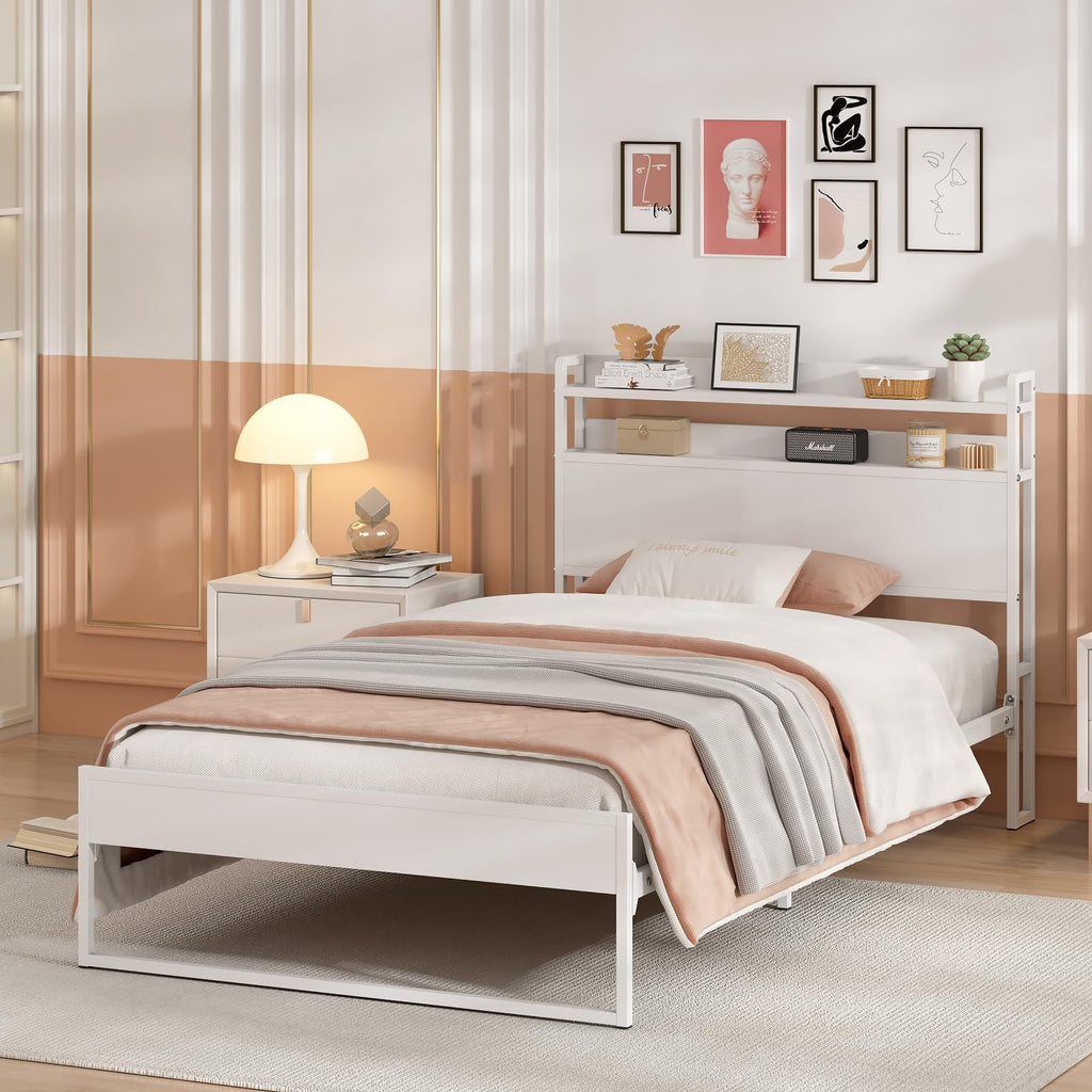 White Metal Twin Bed Frame with 2-Tier Storage Headboard L945506