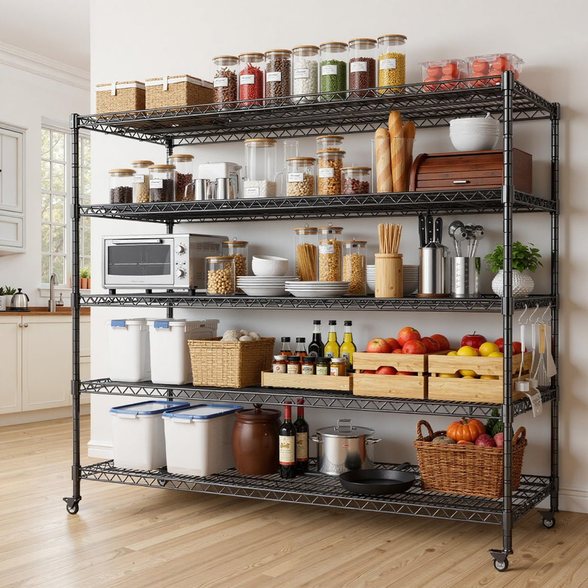 60”W 5 Tier Heavy Duty Metal Wire Shelving with Wheels X355