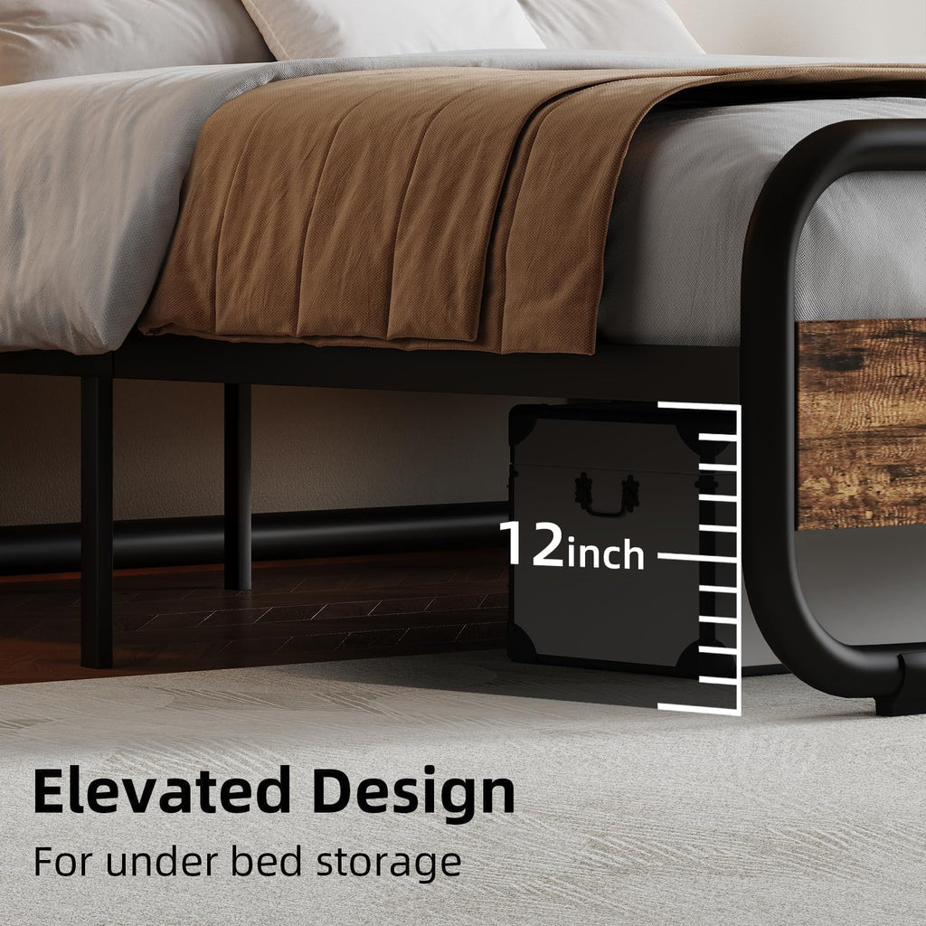 Brown Metal Platform Twin Bed Frame with Wood Headboard J84149