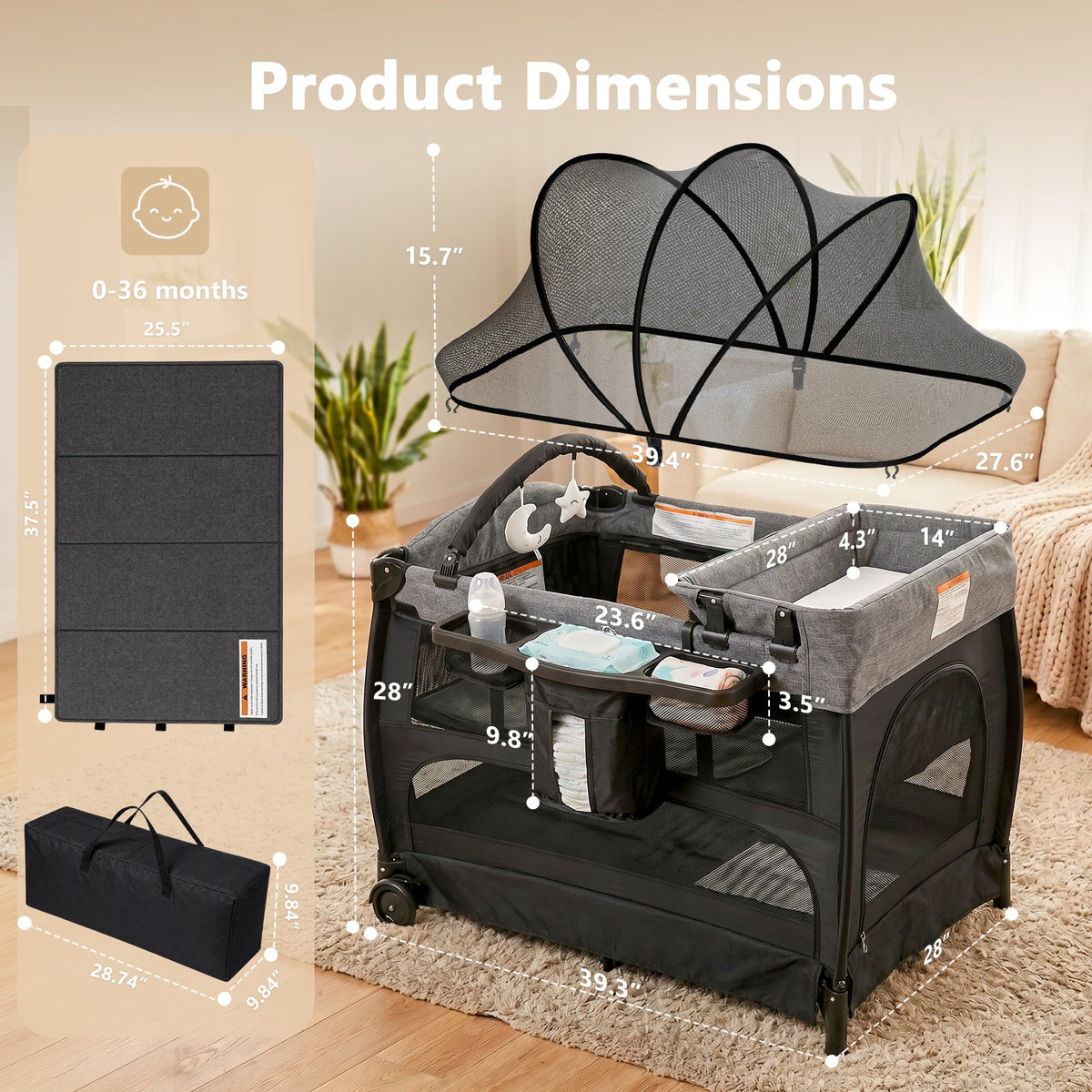 Portable Pack and Play Baby Playard with Bassinet Light Grey X860566