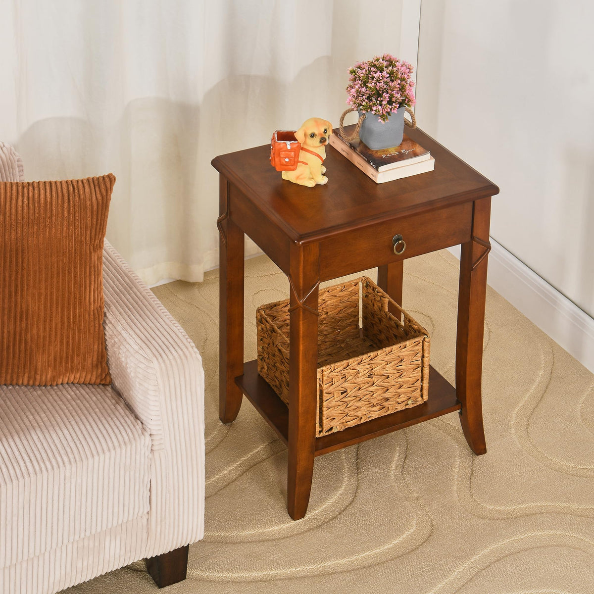 Small Solid Wood Side End Table with Drawer and Storage Shelf S3702