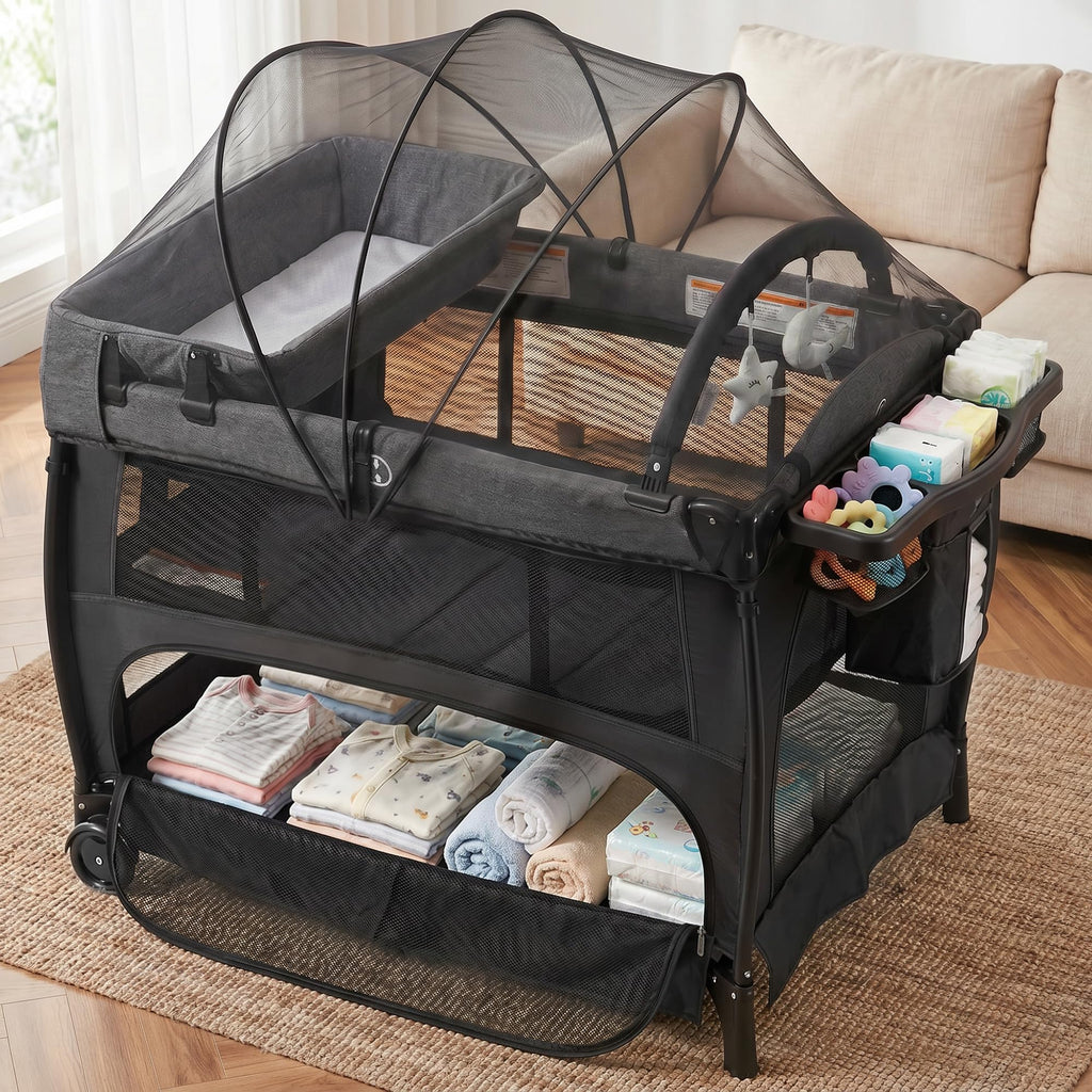 Portable Pack and Play Baby Playard with Bassinet Light Grey X860566