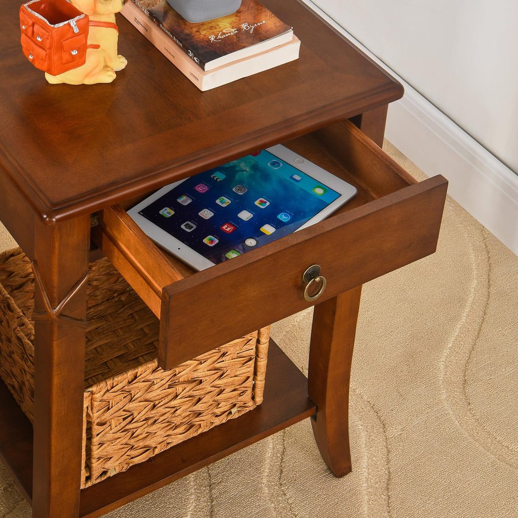 Small Solid Wood Side End Table with Drawer and Storage Shelf S3702
