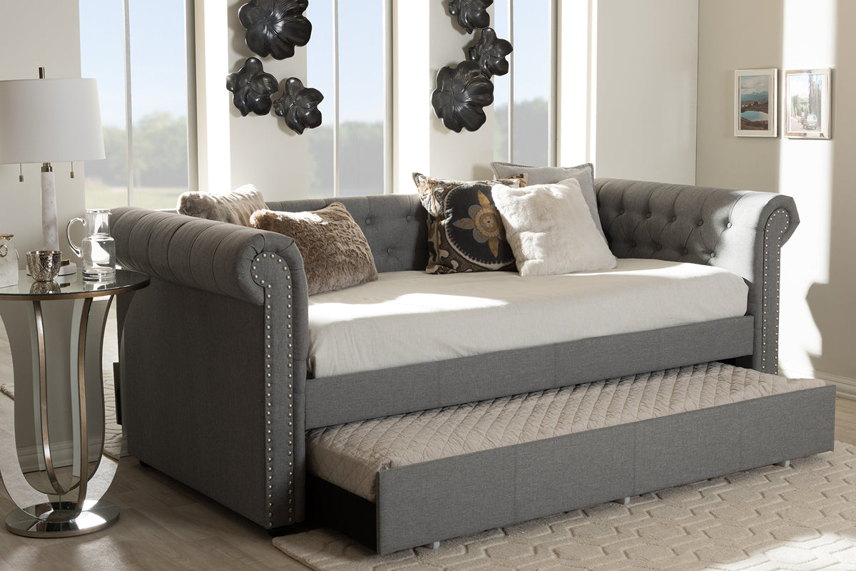 Light Beige Fabric Trundle Daybed A245