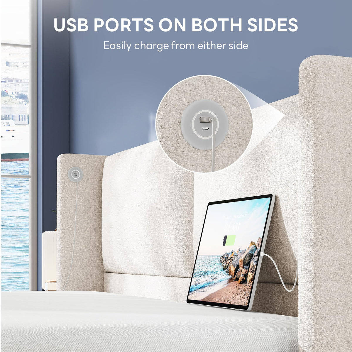 Queen Bed Frame with USB Ports & Wingback Headboard A5762