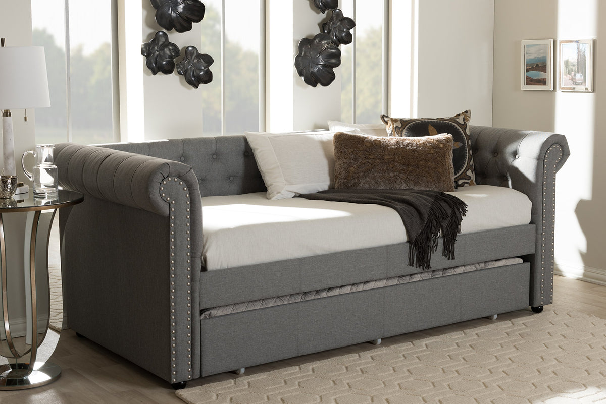 Light Beige Fabric Trundle Daybed A245